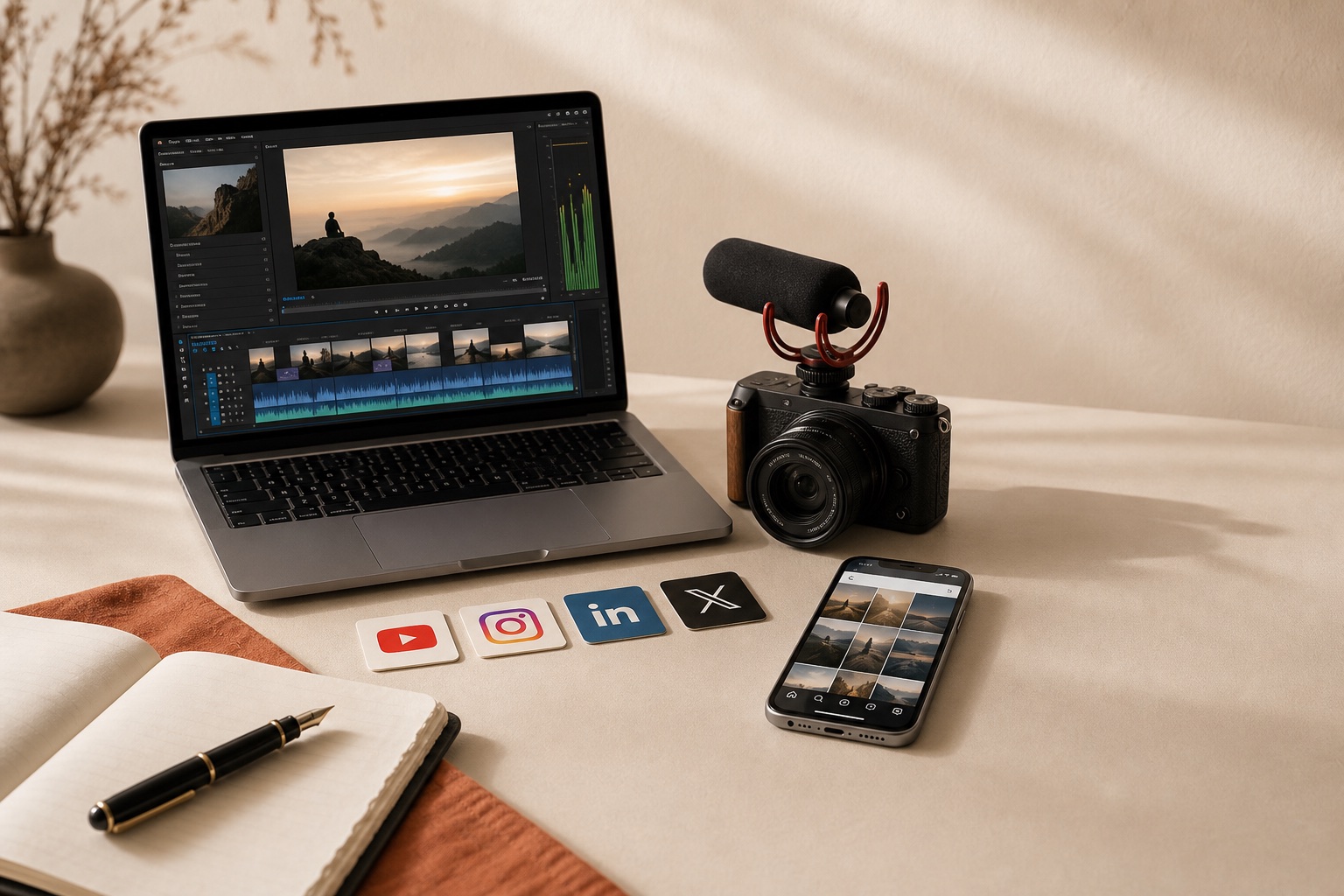 Modern content-creation workspace with video editing, camera, notebook, and social publishing tools