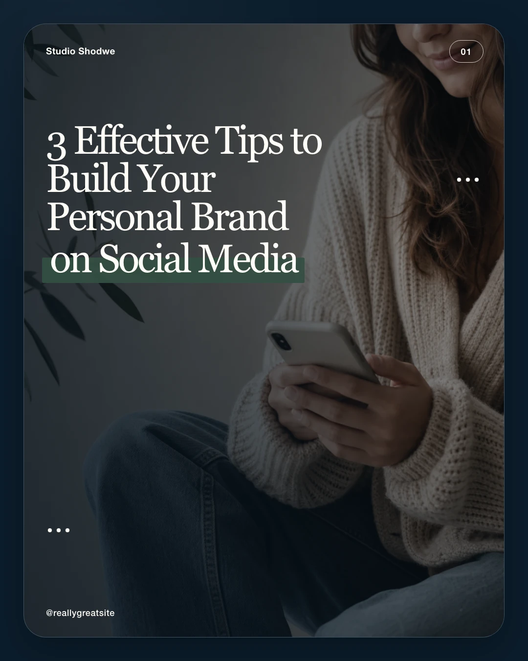 Dark navy Instagram carousel cover with an elegant serif headline over a warm cardigan-and-phone lifestyle photograph